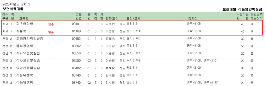 2025학년도 2학기 보건계열 식품영양학전공 1학년 전공과목 수강신청 안내 4